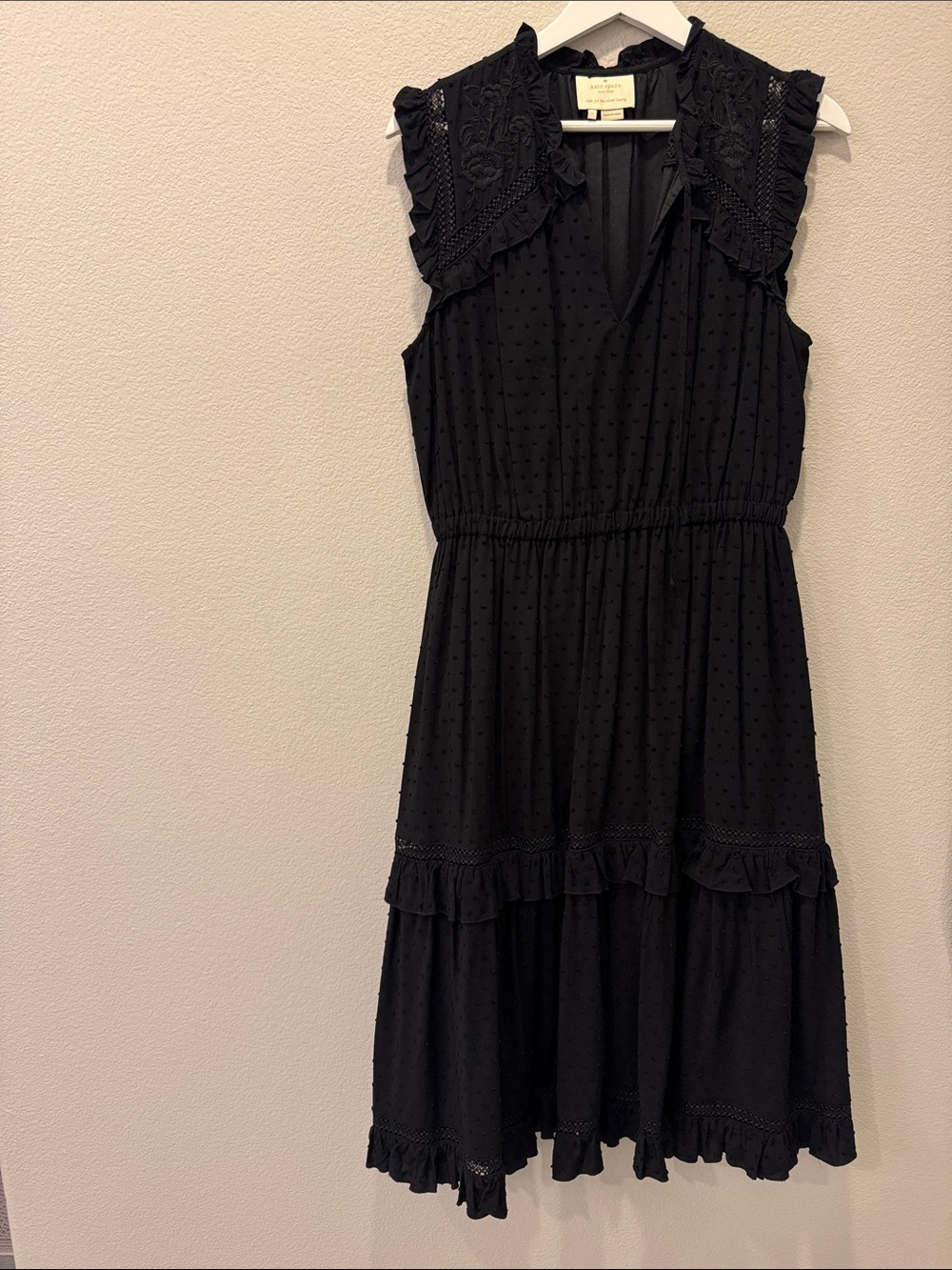 kate spade Black Sleeveless Ruffle Eyelet Midi Dress